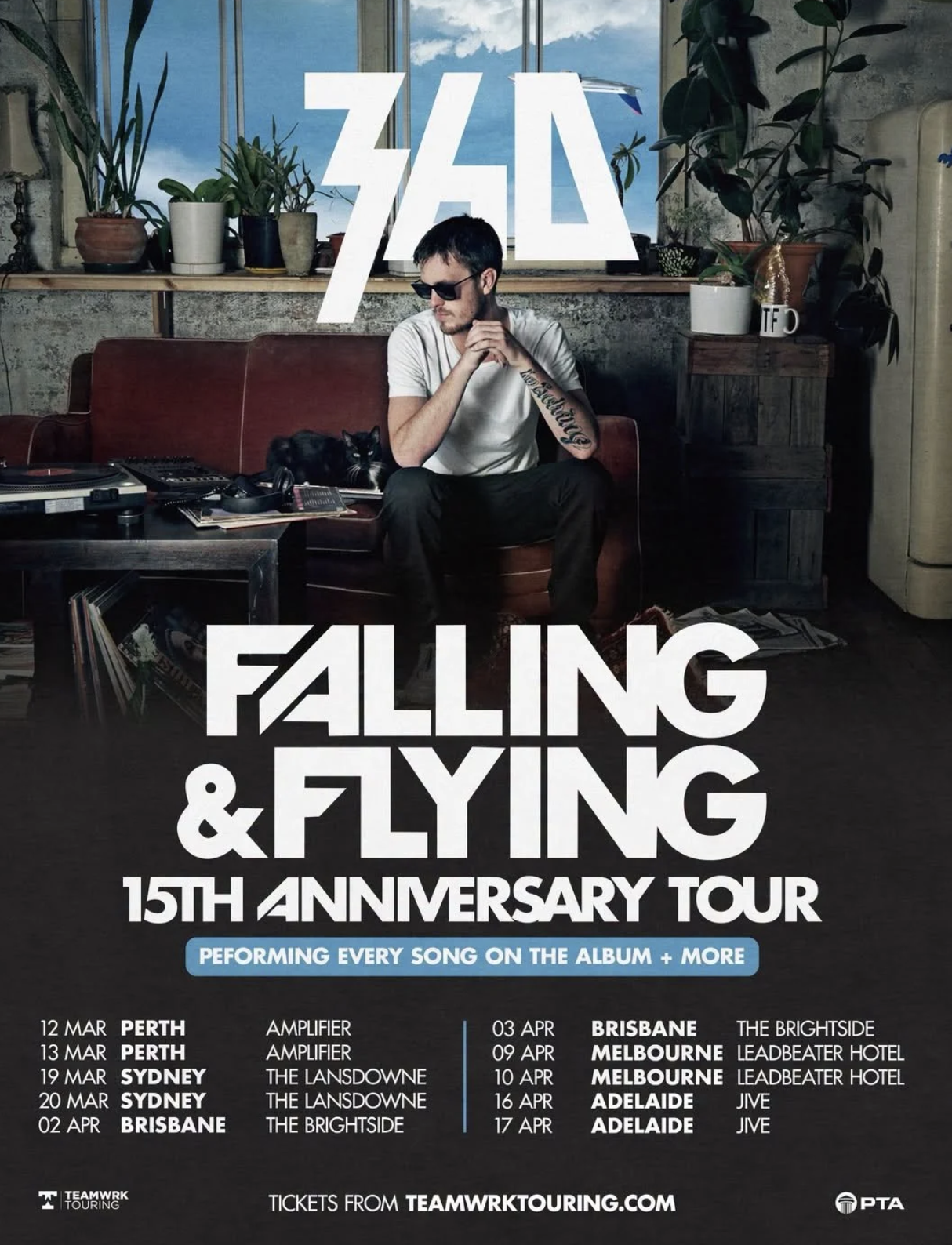 Tour poster for rapper 360's Falling & Flying 15th Anniversary Tour listing Australian concert dates.